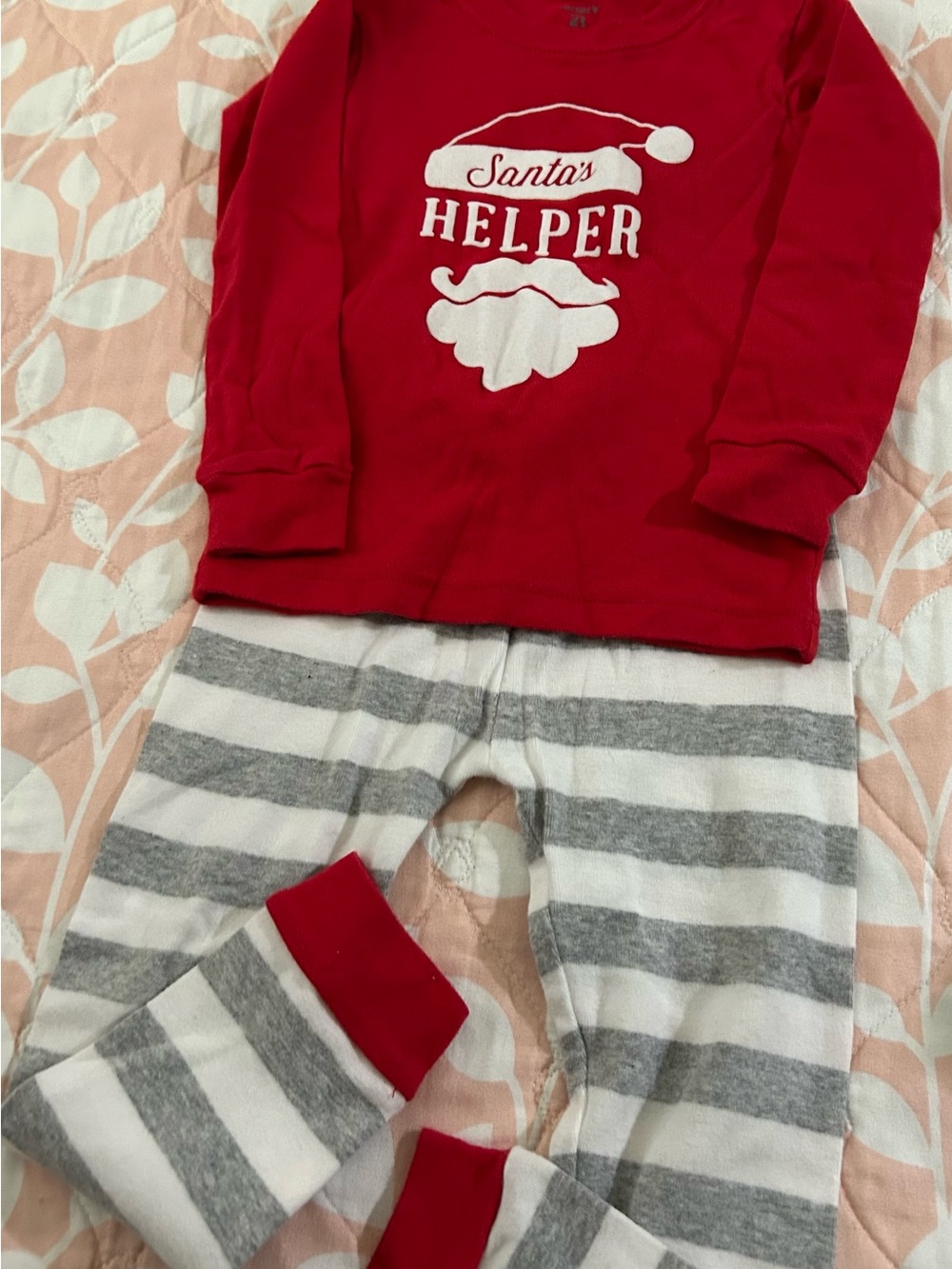 Carter's Red 'Santa's Helper' Pajama Set with Gray & White Stripes